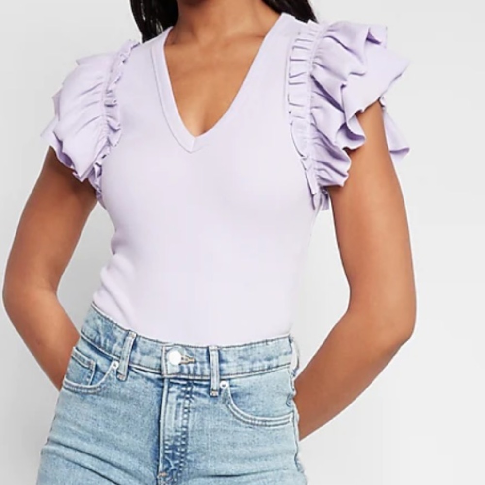 Express V-Neck Ruffle Sleeve Thong Bodysuit